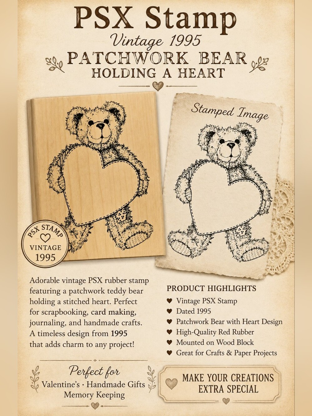 PSX Vintage Patchwork Bear Rubber Stamp -  Retired Design 1995